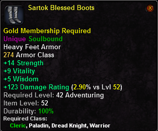 In-game tooltip for Sartok Blessed Boots