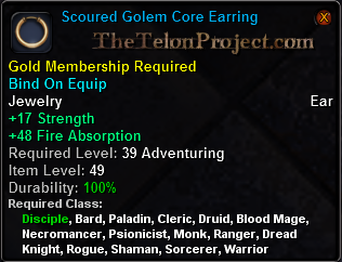 In-game tooltip for Scoured Golem Core Earring
