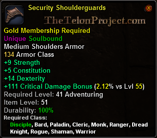 In-game tooltip for Security Shoulderguards