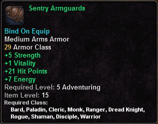 In-game tooltip for Sentry Armguards