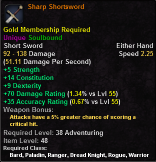 In-game tooltip for Sharp Shortsword