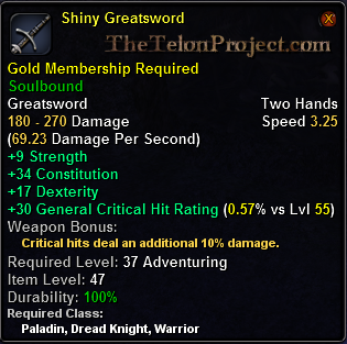 In-game tooltip for Shiny Greatsword