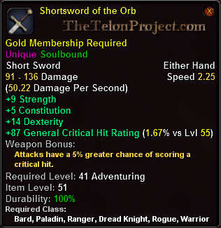 In-game tooltip for Shortsword of the Orb