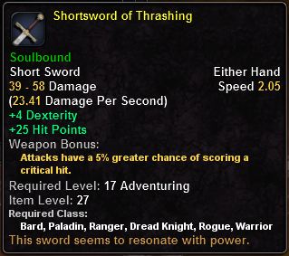 In-game tooltip for Shortsword of Thrashing