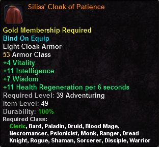 In-game tooltip for Siliss Cloak of Patience