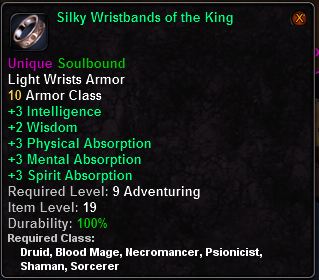 In-game tooltip for Silky Wristbands of the King