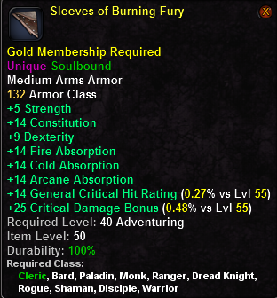 In-game tooltip for Sleeves of Burning Fury