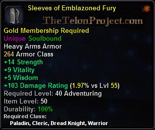 In-game tooltip for Sleeves of Emblazoned Fury