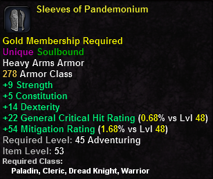 In-game tooltip for Sleeves of Pandemonium