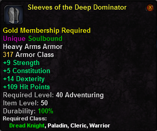In-game tooltip for Sleeves of the Deep Dominator