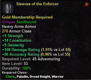 In-game tooltip for Sleeves of the Enforcer