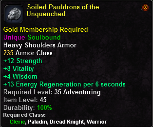 In-game tooltip for Soiled Pauldrons of the Unquenched