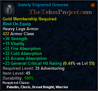 In-game tooltip for Stately Engraved Greaves