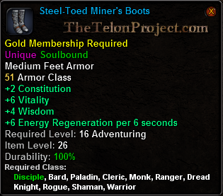 In-game tooltip for Steel Toed Miner's Boots