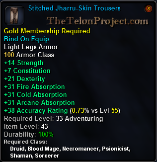 In-game tooltip for Stiched Jharru Skin Trousers