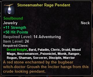 In-game tooltip for Stonesmasher Rage Pendant