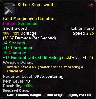 In-game tooltip for Striker Shortsword