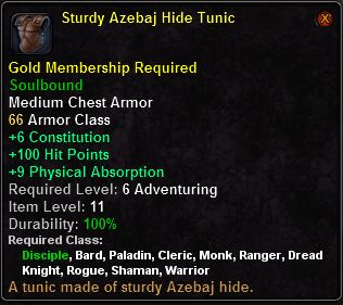 In-game tooltip for Sturdy Azebaj Hide Tunic