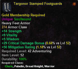 In-game tooltip for Targonor Stamped Footguards