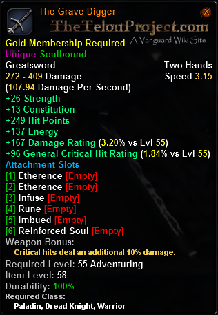 In-game tooltip for The Grave Digger