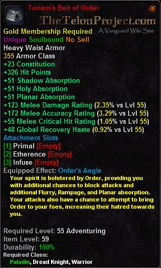 In-game tooltip for Toriam's Belt of Order