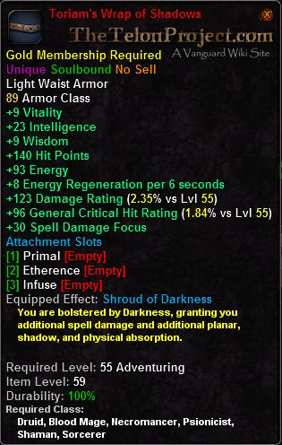 In-game tooltip for Toriam's Wrap of Shadows