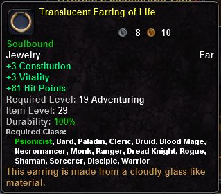In-game tooltip for Translucent Earring Of Life