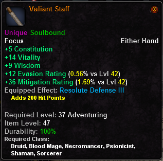 In-game tooltip for Valiant Staff