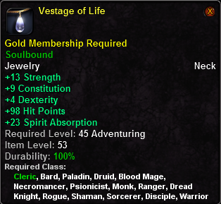 In-game tooltip for Vestage of Life