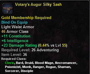 In-game tooltip for Votary's Augur Silk Sash