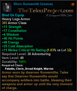 In-game tooltip for Worn Runesmith Greaves