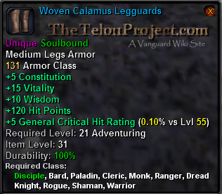 In-game tooltip for Woven Calamus Legguards