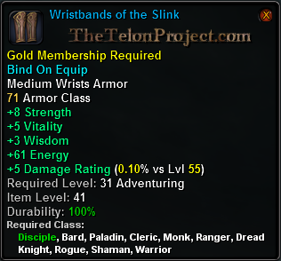 In-game tooltip for Wristbands of the Slink