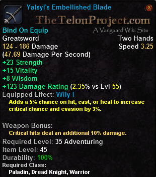In-game tooltip for Yalsyl's Embellished Blade