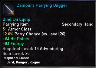 In-game tooltip for Zampur's Parrying Dagger