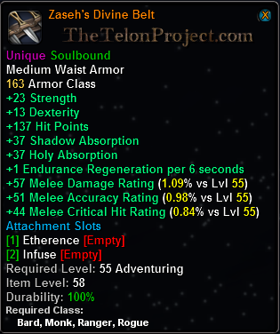In-game tooltip for Zaseh's Divine Belt