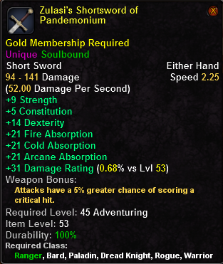 In-game tooltip for Zulasi's Shortsword of Pandemonium