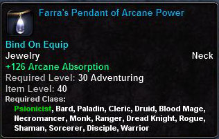 In-game tooltip for Farra's Pendant Of Arcane Power