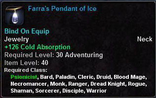 In-game tooltip for Farra's Pendant Of Ice