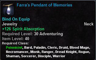 In-game tooltip for Farra's Pendant Of Memories