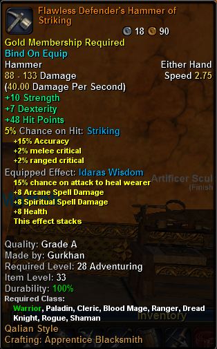 In-game tooltip for Flawless Defender's Hammer Of Striking