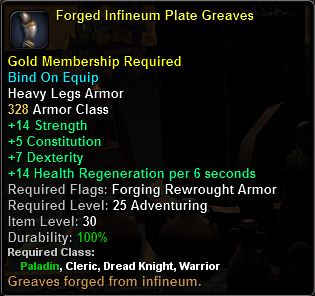In-game tooltip for Forged Infineum Plate Greaves