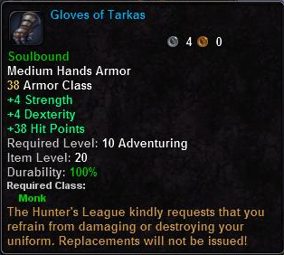 In-game tooltip for Gloves Of Tarkas