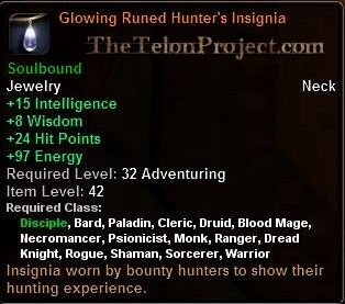 In-game tooltip for Glowing Runed Hunter's Insignia