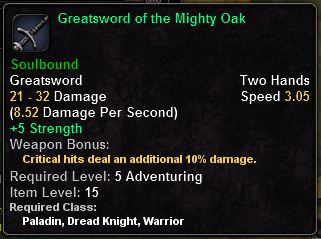 In-game tooltip for Greatsword Of The Mighty Oak