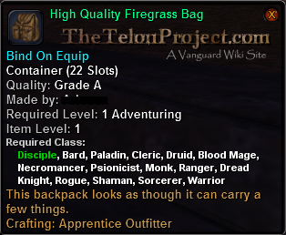 In-game tooltip for High Quality Firegrass Bag