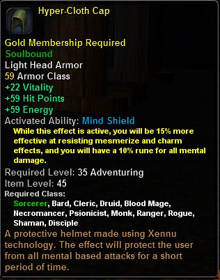 In-game tooltip for Hyper-Cloth Cap