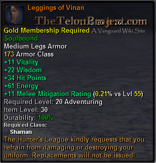 In-game tooltip for Leggings Of Vinan