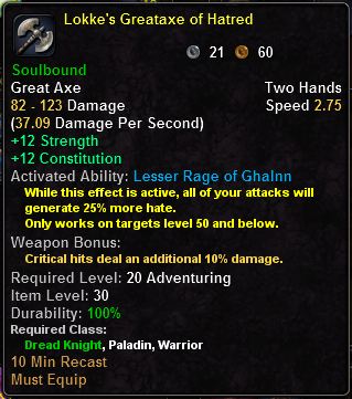 In-game tooltip for Lokke's Greataxe Of Hatred
