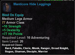 In-game tooltip for Manticore Hide Leggings